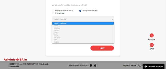 UPES PG Courses Application form